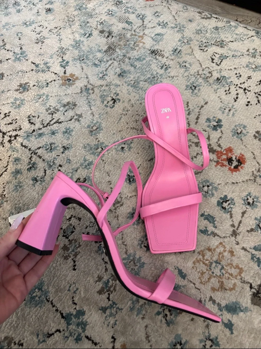 ZARA Bright Pink Square-Toe Strappy Heels - Picture 4 of 4